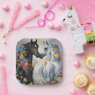 Horses framed in flowers paper plates