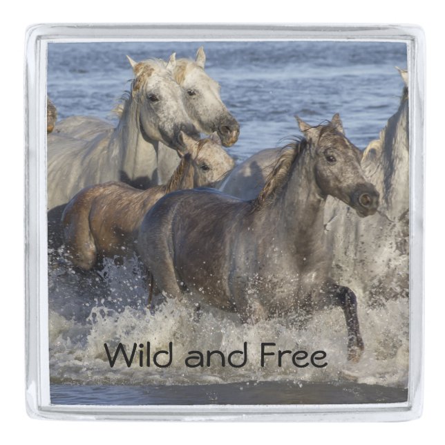Horses galloping in the water silver finish lapel pin (Front)