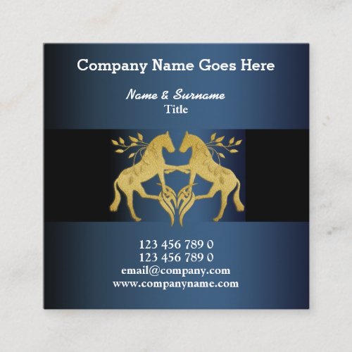 Horses graphic faux gold blue leaf crest horse square business card