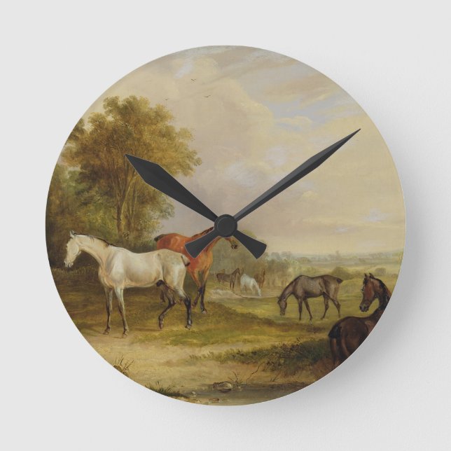 Horses Grazing: A Gray Stallion grazing with Mares Round Clock (Front)