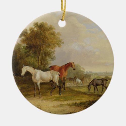 Horses Grazing A Grey Stallion grazing with Mares Ceramic Ornament