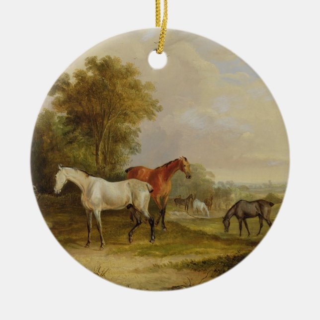 Horses Grazing: A Grey Stallion grazing with Mares Ceramic Ornament (Front)