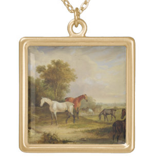 Horses Grazing: A Grey Stallion grazing with Mares Gold Plated Necklace