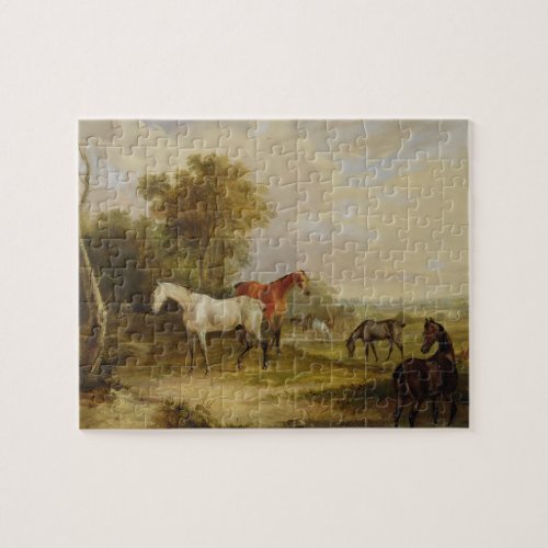 Horses Grazing A Grey Stallion grazing with Mares Jigsaw Puzzle