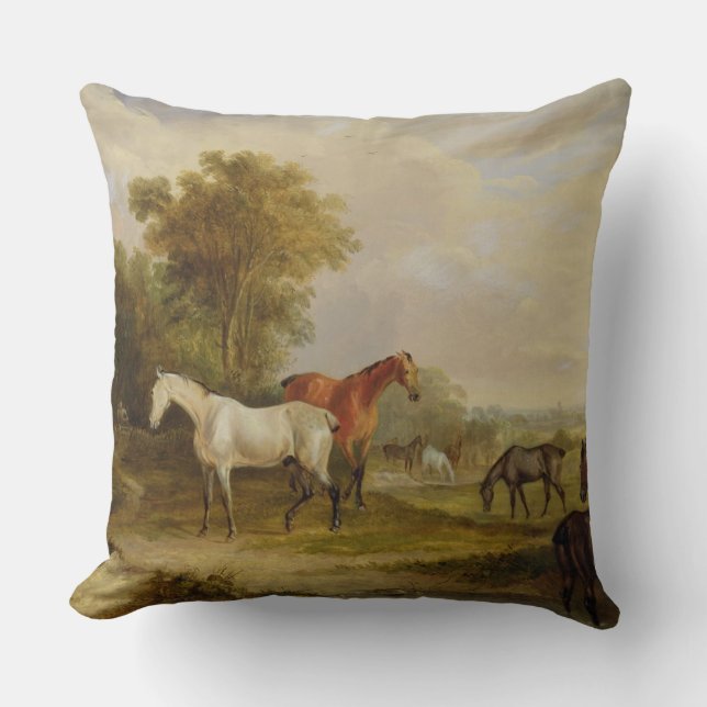 Horses Grazing: A Grey Stallion grazing with Mares Throw Pillow (Front)
