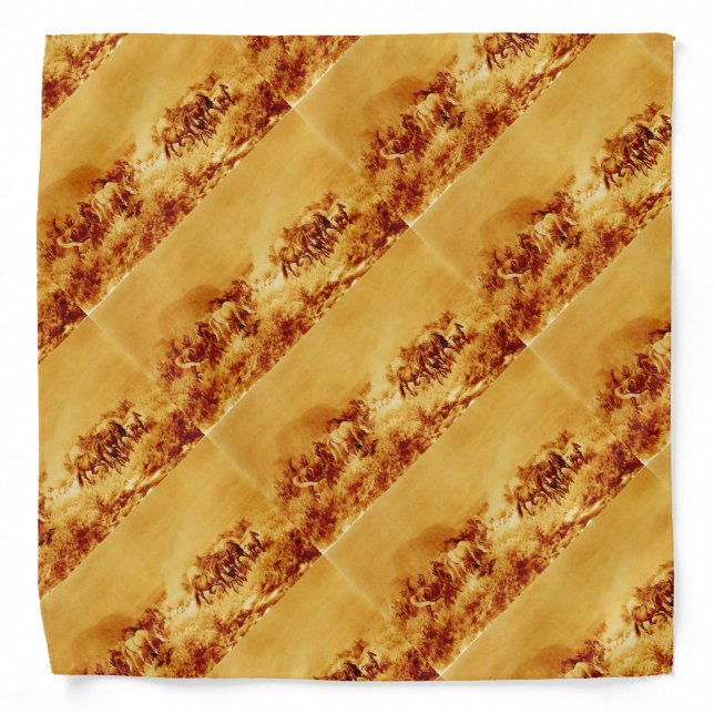 HORSES GRAZING ,Antique Brown Orange Yellow Bandana (Front)