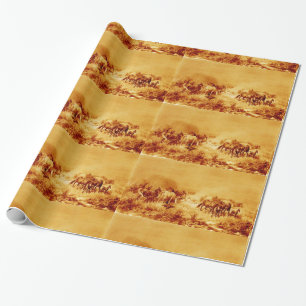 HORSES GRAZING ,Antique Brown Orange Yellow Wrapping Paper