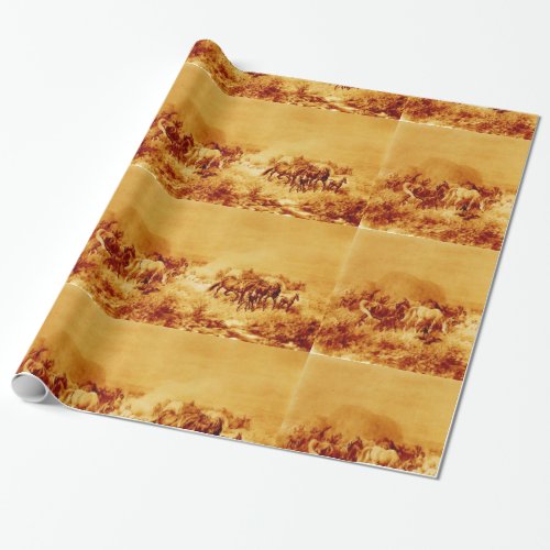 HORSES GRAZING Antique Brown Orange Yellow Wrapping Paper