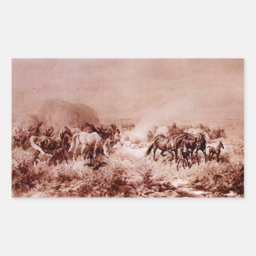 HORSES GRAZING Antique Brown Sepia Rectangular Sticker