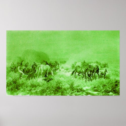 HORSES GRAZING Antique Light Green Poster