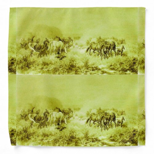 HORSES GRAZING Antique Olive Green Bandana