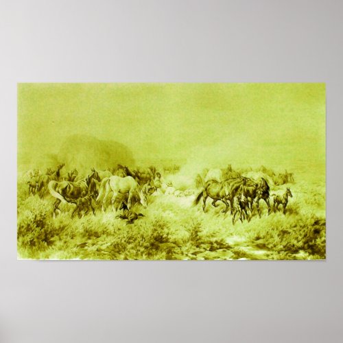 HORSES GRAZING Antique Olive Green Poster