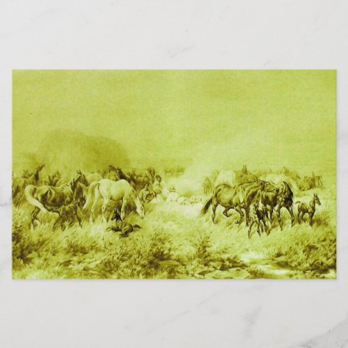 HORSES GRAZING Antique Olive Green Stationery