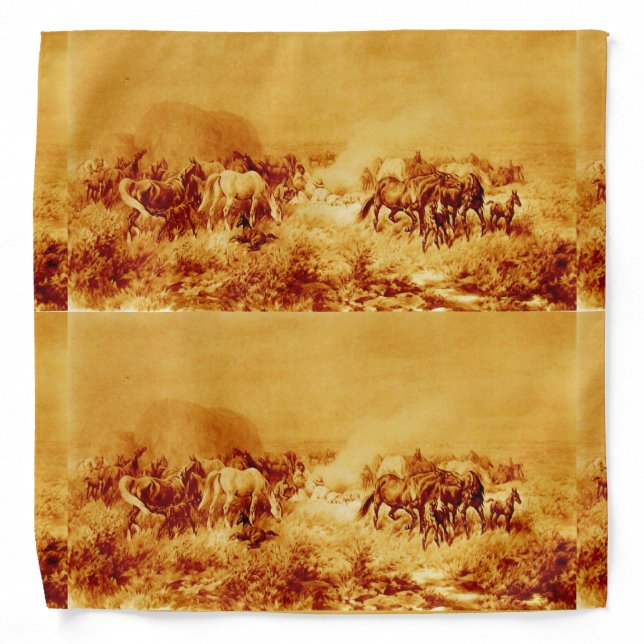 HORSES GRAZING ,Antique Orange Yellow Brown Bandana (Front)