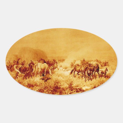HORSES GRAZING Antique Orange Yellow Brown Oval Oval Sticker