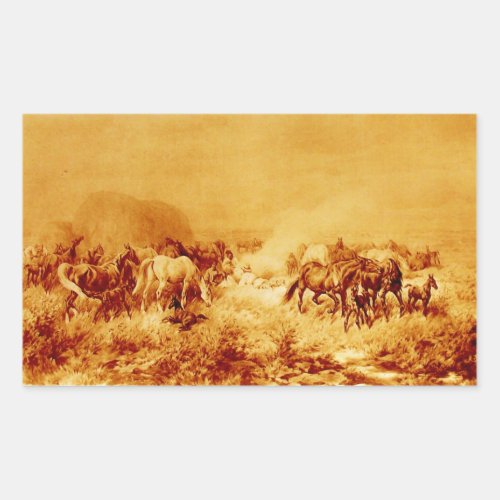 HORSES GRAZING Antique Orange Yellow Brown Sepia Rectangular Sticker
