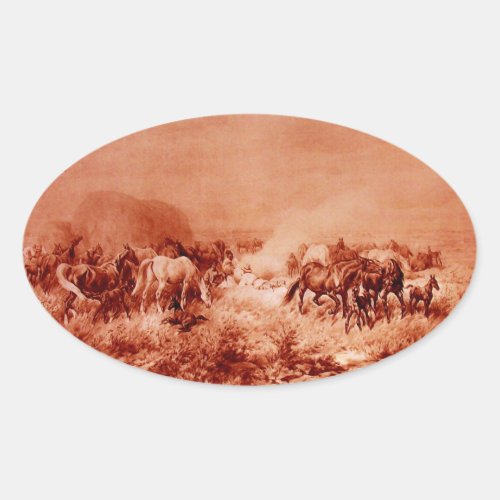 HORSES GRAZING Antique Red Brown Pink Oval Oval Sticker