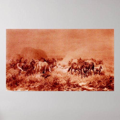 HORSES GRAZING Antique Red Brown Pink Poster