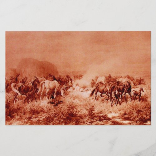 HORSES GRAZING Antique Red Brown Pink Stationery