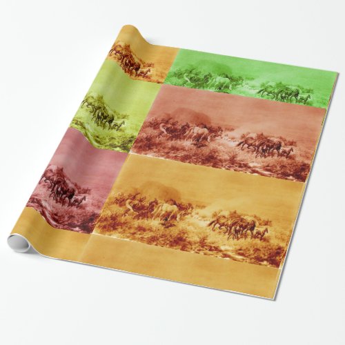 HORSES GRAZING Antique Red Brown Yellow Green Wrapping Paper