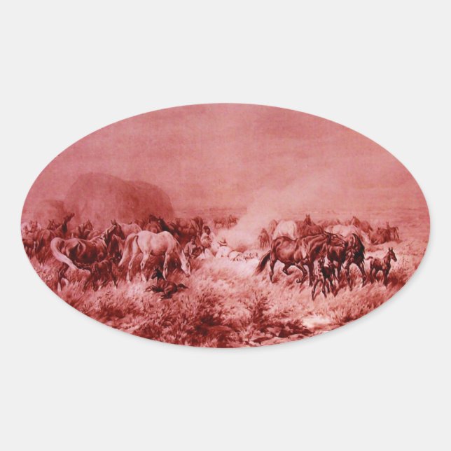 HORSES GRAZING ,Antique Red Pink Oval Sticker (Front)