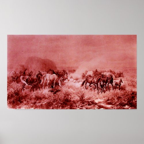 HORSES GRAZING Antique Red Pink Poster