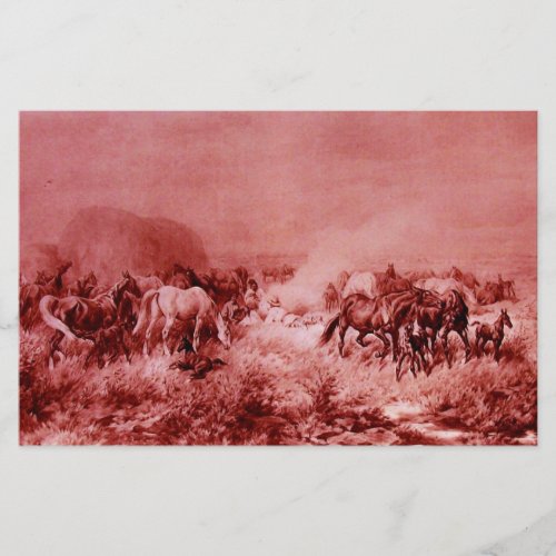 HORSES GRAZING Antique Red Pink Stationery