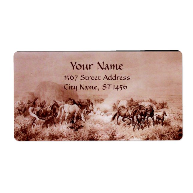 HORSES GRAZING ,brown sepia Label (Front)