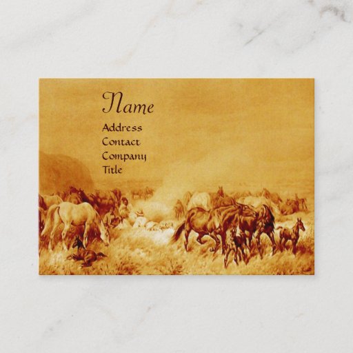 Customizable HORSES GRAZING , gold metallic, brown seppia Business Cards