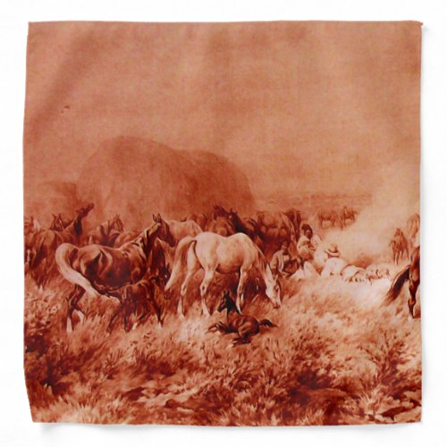 HORSES GRAZING IN LANDSCAPE Antique Red Brown Pink Bandana