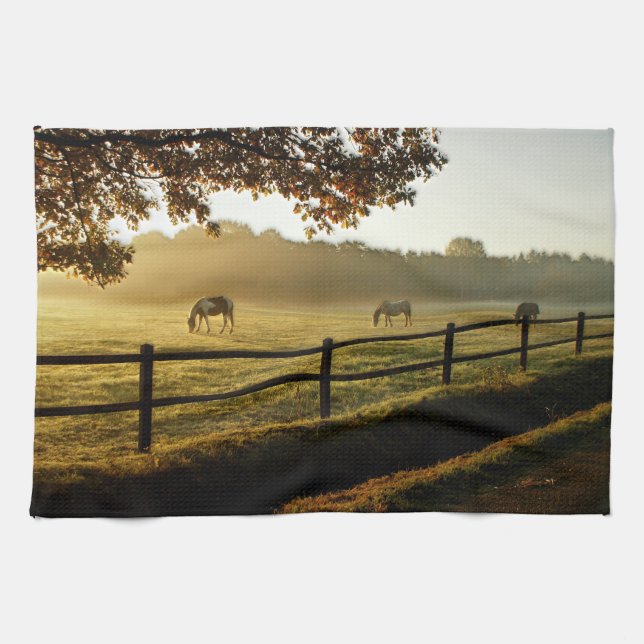 Horses Grazing in Sunrise Pasture Kitchen Towel (Horizontal)