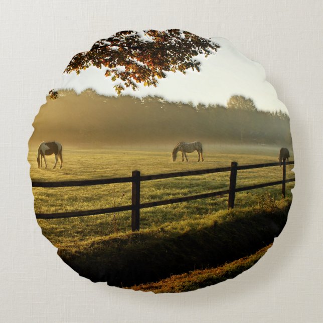 Horses Grazing in Sunrise Pasture Round Pillow (Front)
