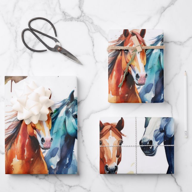 Horses Grazing in Watercolor Meadow Wrapping Paper Sheets (Front)