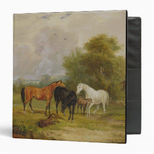 Horses Grazing: Mares and Foals in a Field (oil on Binder
