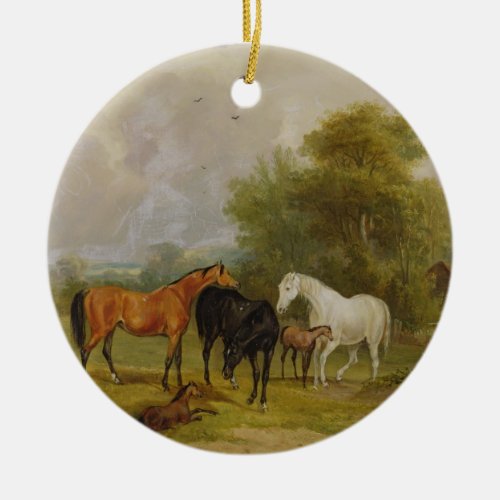 Horses Grazing Mares and Foals in a Field oil on Ceramic Ornament