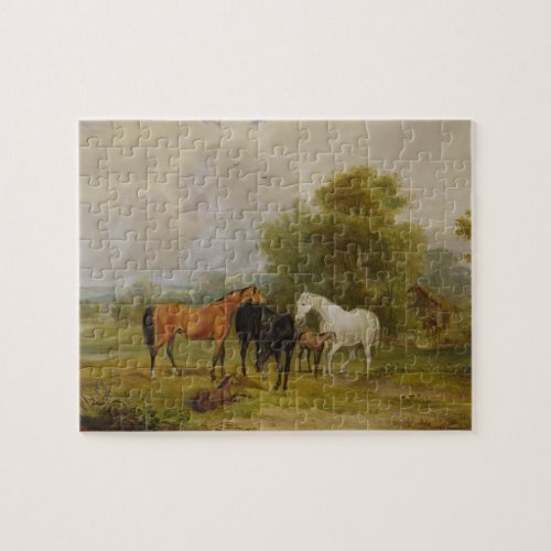 Horses Grazing Mares and Foals in a Field oil on Jigsaw Puzzle