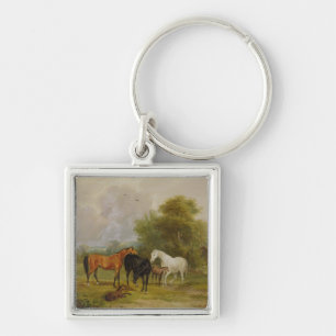 Horses Grazing: Mares and Foals in a Field (oil on Keychain