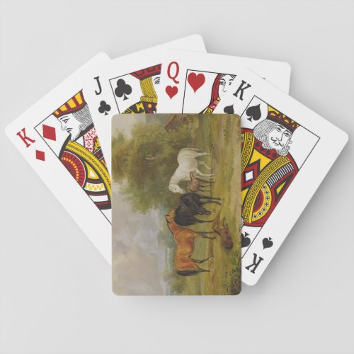Horses Grazing Mares and Foals in a Field oil on Poker Cards