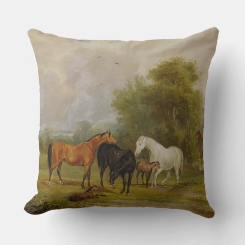 Horses Grazing Mares and Foals in a Field oil on Throw Pillow