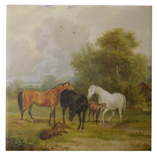 Horses Grazing: Mares and Foals in a Field (oil on Tile