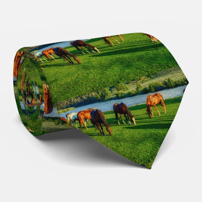Horses Grazing Near A River  Neck Tie (Rolled)