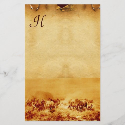 HORSES GRAZING PARCHMENT MONOGRAM brown sepia Stationery