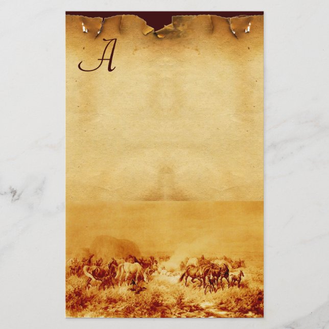 HORSES GRAZING PARCHMENT MONOGRAM brown sepia Stationery (Front)