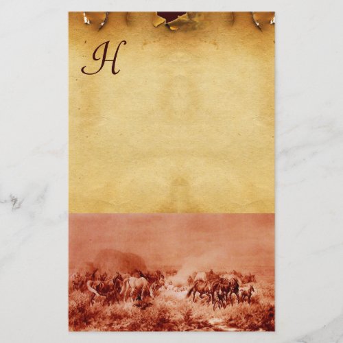 HORSES GRAZING PARCHMENT MONOGRAM Red Brown Sepia Stationery