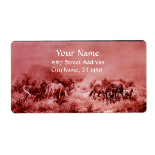 HORSES GRAZING ,red,fuchsia,pink Label