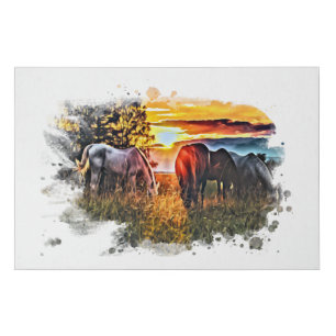 *~* Horses Grazing Sunset Watercolor Equine AR22 Faux Canvas Print