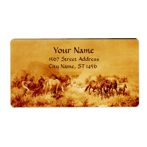 HORSES GRAZING yellowbrown sepia Label
