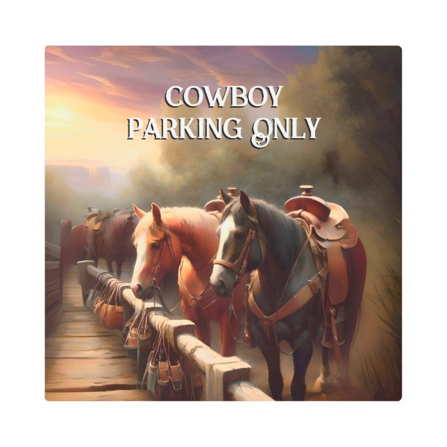 Horses Hitched "Cowboy Parking" Metal Print (Front)