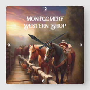 Horses Hitched to a Rail Square Wall Clock