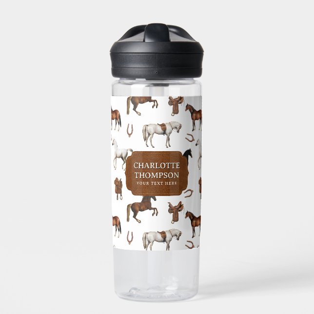 Horses Horseshoe Horse Saddles Custom Name Water Bottle (Front)